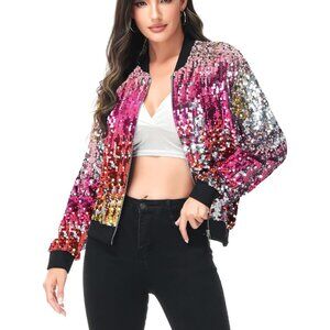 Brand New Women Confetti Polyester Sequin Long Sleeve Front Zip Jacket Bomber
